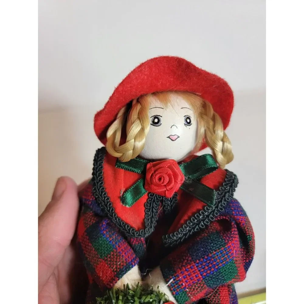 Wood Girl Christmas Wreath Red Green Plaid‎ Felt Hat Blond Hair R.O.C. Holidays